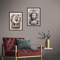 Kit 2 Quadros Budas Tons De Cinza 33X24Cm - Com Vidro