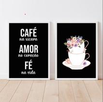 Kit 2 Quadros Café Amor Fé 45x34cm - Moldura Branca