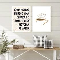 Kit 2 Quadros Café e Amor 24x18cm - Vidro e Moldura Branca