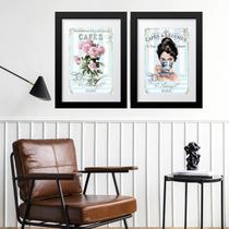 Kit 2 Quadros Café Flores Pin Up - 60X48Cm