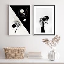 Kit 2 Quadros Café P&B 33x24cm Madeira Preta