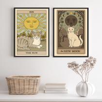 Kit 2 Quadros Cartas Tarot Gato- The Sun E The Moon 33x24cm