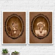 Kit 2 Quadros Casal De Esquilos Vintage 33x24cm - com vidro