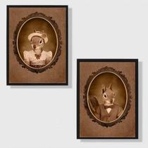 Kit 2 Quadros Casal De Esquilos Vintage 45X34 Moldura Branca