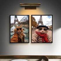 Kit 2 Quadros Casal De Gatos Em Paris 33x24cm - com vidro