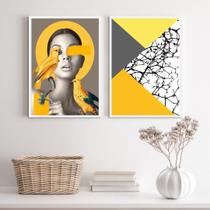 Kit 2 Quadros Cinza E Amarelo Mulher PássarosAbstrato 45x34cm - com vidro