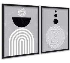 Kit 2 Quadros Cinzas Linhas Preto Branco 45x34cm