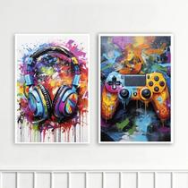 Kit 2 Quadros Controle Vídeo-Game e Fone De Ouvido 45x34cm - com vidro