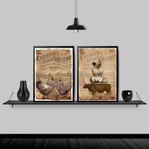 Kit 2 Quadros Country Animais Fenda Retrô 33X24Cm Preta