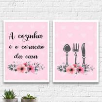 Kit 2 Quadros Cozinha Coração Da Casa Rosa 33x24cm