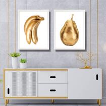 Kit 2 Quadros Cozinha Frutas Ouro 33x24cm - com vidro