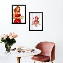 Kit 2 Quadros Cozinha Retrô Pin Up Vermelha 24X18Cm - Vidro