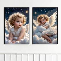 Kit 2 Quadros Criança Anjo 24x18cm - com vidro