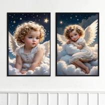 Kit 2 Quadros Criança Anjo 33X24Cm - Com Vidro