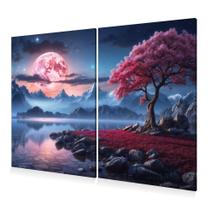 Kit 2 Quadros Decoração Árvore Rosa Lua Cheia Canvas 60x40