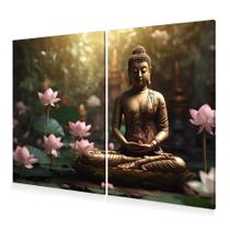 Kit 2 Quadros Decoração Buda Dourado Flor Lótus Canvas 60x40