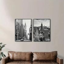 Kit 2 Quadros Decorativo Nova York 30x45cm em Preto Branco Parede de Escritório Sala de Jantar Quarto