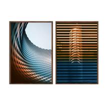 Kit 2 quadros decorativos 60x80cm vidro abstrato moderno persiana espiral azul e laranja abg016