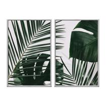 Kit 2 quadros decorativos 60x80cm vidro folhas de palmeira tropical branca e verde flnt029k