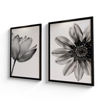 Kit 2 Quadros Decorativos Flores Preto Branco Sala Quarto Escritório 33x43cm