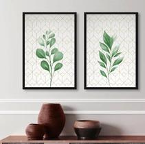 Kit 2 Quadros Decorativos Folhas Verdes Fundo Geométrico