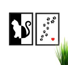 Kit 2 Quadros Decorativos Gato Patinhas Com Moldura e Vidro