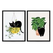 Kit 2 Quadros Decorativos Gato Plantas 45X34Cm Vidro Branca