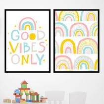 Kit 2 Quadros Decorativos Good Vibes Arco-Íris 45x34cm