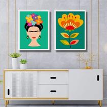 Kit 2 Quadros Decorativos Gravuras Frida e Flores 45x34cm - com vidro
