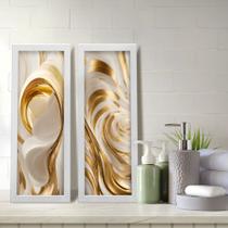 Kit 2 Quadros Decorativos Lavabo Abstrato Branco Dourado Moderno Elegante