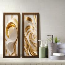 Kit 2 Quadros Decorativos Lavabo Abstrato Branco Dourado Moderno Elegante