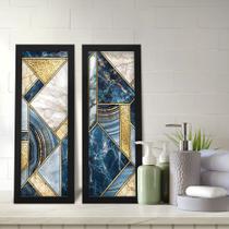 Kit 2 Quadros Decorativos Lavabo Abstrato Mármore Azul Dourado