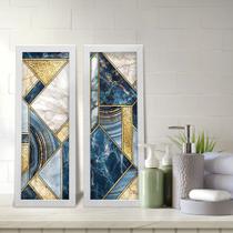 Kit 2 Quadros Decorativos Lavabo Abstrato Mármore Azul Dourado