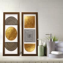 Kit 2 Quadros Decorativos Lavabo Abstrato Moderno Geométrico Dourado