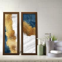 Kit 2 Quadros Decorativos Lavabo Abstrato Pincelada Branco Azul Dourado