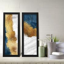 Kit 2 Quadros Decorativos Lavabo Abstrato Pincelada Branco Azul Dourado