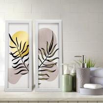 Kit 2 Quadros Decorativos Lavabo Abstrato Ramos Minimalista Dourado Moderno