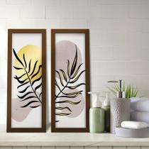 Kit 2 Quadros Decorativos Lavabo Abstrato Ramos Minimalista Dourado Moderno