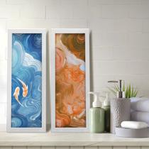 Kit 2 Quadros Decorativos Lavabo Aquarela Azul Laranja Carpa Peixe