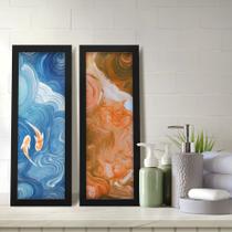 Kit 2 Quadros Decorativos Lavabo Aquarela Azul Laranja Carpa Peixe