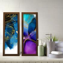 Kit 2 Quadros Decorativos Lavabo Aquarela Azul Roxo Floral Lineart Dourado