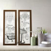 Kit 2 Quadros Decorativos Lavabo Banheira Branco Provençal Arabesco Cinza Flor