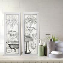 Kit 2 Quadros Decorativos Lavabo Banheira Branco Provençal Arabesco Cinza Flor