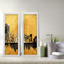 Kit 2 Quadros Decorativos Lavabo Cidade Dourado e Preto Moderno Elegante Kit 2 Quadros Decorativos Lavabo Cidade Dourado e Preto Moderno Elegante