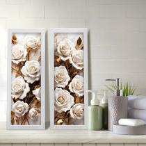 Kit 2 Quadros Decorativos Lavabo Floral Flor Rosa Branco Dourado