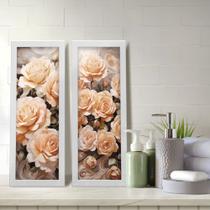 Kit 2 Quadros Decorativos Lavabo Floral Rosa Flores Salmão Sofisticado