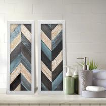 Kit 2 Quadros Decorativos Lavabo Madeira Chevron Preto Azul Ripas