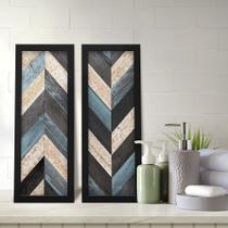 Kit 2 Quadros Decorativos Lavabo Madeira Chevron Preto Azul Ripas