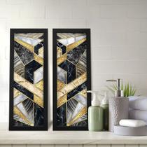 Kit 2 Quadros Decorativos Lavabo Mármore Abstrato Dourado Preto Geométrico