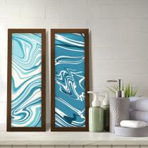 Kit 2 Quadros Decorativos Lavabo Mármore Marmorizado Azul Bege Abstrato